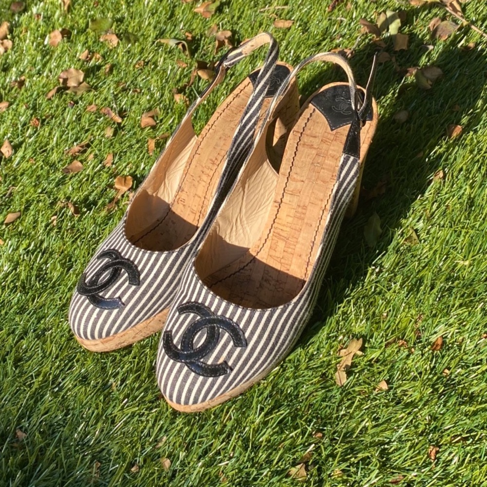 Chanel stripped canvas and cork heel